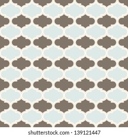 delicate blue brown white retro shaped regular geometric elements in horizontal rows on beige background seamless pattern