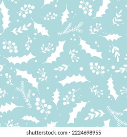 Delicate blue Christmas seamless pattern. White silhouette sprig leaves and berries. Festive Christmas background. Print for design textiles, paper, packaging, wallpaper vector illustration