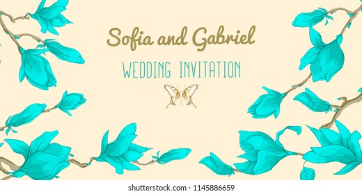 Delicate Blue Colors Postcard Magnolia, Camel. Decorative Flowers, A Tree for Your Design with an example of text. Colorful hand drawn vector stock illustration.