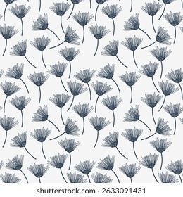 Delicate Blue Floral Arrangement on White. Navy Wildflower Daisy Sketch Outline Seamless Pattern. Indigo Garden Lines Art. Botanical Ink Line Pattern.