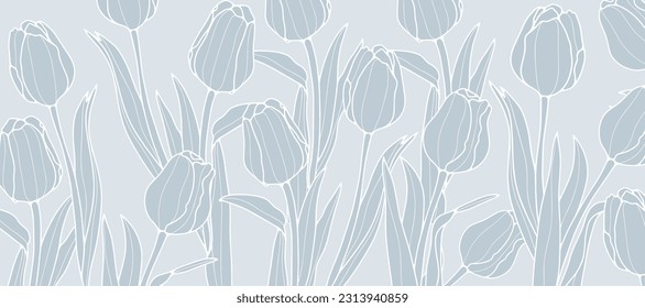 Delicate blue floral background with cute tulips. Monochrome background for decor, covers, wallpapers, postcards and presentations