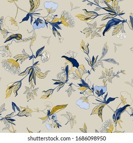 Delicate blue floral ornament of branches, leaves and inflorescences on a ochre cream background. Seamless pattern. Vector hand-drawn illustration.
