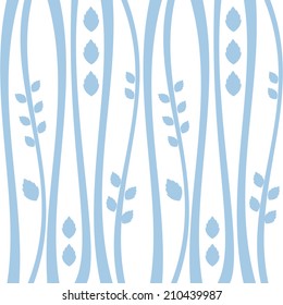 Delicate blue floral pattern with flowing vertical lines and leaves on a white background