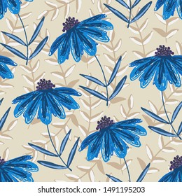 Delicate blue floral seamless pattern with childish sketch flowers on pale orange branches background. Cute scandinavian texture with daisy flower for textile, wrapping paper, surface, wallpaper