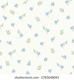 Delicate blue floral seamless pattern with small flowers and sage leaves