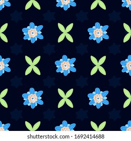 Delicate blue flowers and leaves on a dark blue background. Seamless pattern for textiles, fabric, packaging paper, background, Wallpaper.
