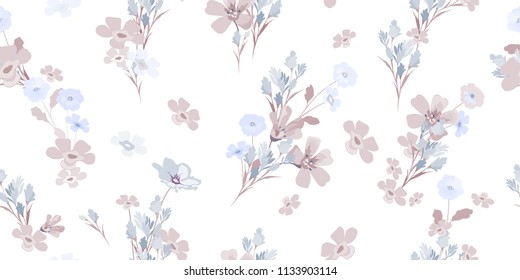 Delicate blue flowers on white background. Floral seamless pattern for fashion prints. Cute flowery texture for design textile, wallpapers, wrapping, paper.