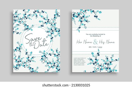 Delicate blue flowers romantic wedding invitation template card in light baby blue