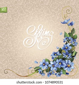 Delicate blue hepatica. Invitation card with bouquet of wildflower snowdrop, can be used as congratulation design for wedding. Vintage greeting background with watercolor spring flowers