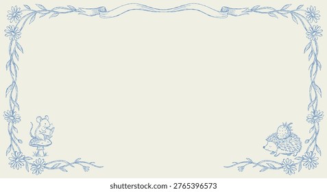 Delicate blue ink line art border featuring cute rodent mouse and mushroom details. Whimsical cottagecore floral cartouche with charming woodland hedgehog and strawberry fruit. Vintage fairytale storybook style with blank space for card or invitation.