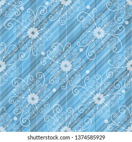 Delicate blue pattern with vertical and diagonal stripes and white translucent flowers. Vector image. Eps 10