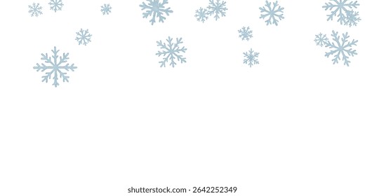 Delicate blue snowflakes drift across a crisp white background, perfect for a serene winter header or elegant holiday design.