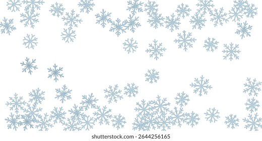Delicate blue snowflakes drift across a crisp white background, perfect for a serene winter header or elegant holiday design.