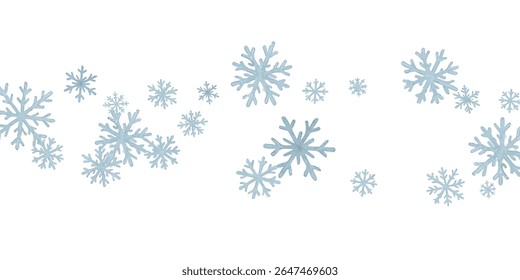 Delicate blue snowflakes drift across a crisp white background, perfect for a serene winter header or elegant holiday design.