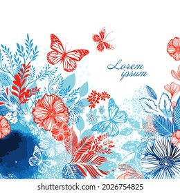 Delicate blue watercolor background with leaves and twigs. With red flowers and butterflies. Vector illustration