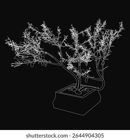Uma delicada árvore de bonsai em um pote neutro destaca-se contra um fundo preto, sua silhueta branca destacando ramos intrincados e folhas. A composição limpa e decorativa enfatiza a árvore.
