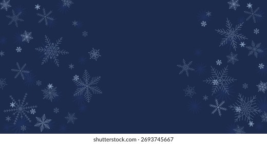 Delicate border with white snowflakes on a dark blue background. Christmas  snowfall card with copy space. Horizontal banner with New Year decoration. Vector illustration.