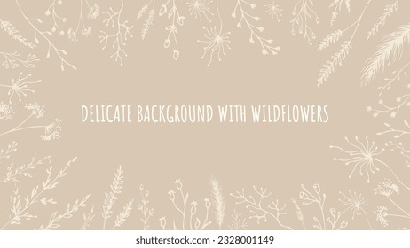 Feiner botanischer Hintergrund mit Wildblumen in sanften Pastellfarben. Beige Ästhetik. Vektorgrafik