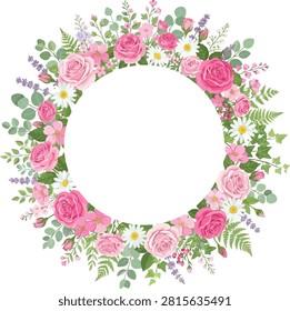 Delicate botanical circle composition featuring blooming roses daisies and herbs for feminine branding. Ideal for invitations cards and cosmetic packaging.