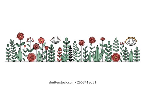 Delicate botanical illustration of a whimsical meadow filled with diverse wildflowers and lush green foliage