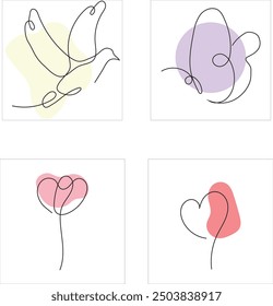 A delicate botanical line art illustration featuring a rose, bird, and flower intertwined with a heart, symbolizing love and beauty