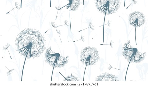 Delicado patrón botánico que muestra cabezas de semillas de diente de león y semillas flotantes en colores suaves azul y blanco para un fondo elegante.