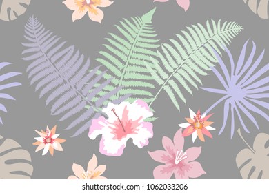 Delicate botanical print with forest ferns, palm leaves and flowers on grey background. Seamless vector pattern with tropical motifs and exotic plants.