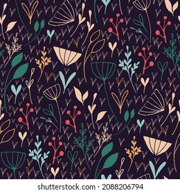 Delicate botanical seamless pattern with hand drawn flowers and herbs on blue