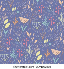 Delicate botanical seamless pattern with hand drawn flowers and herbs on violet