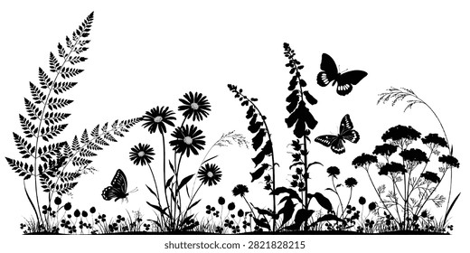 Delicate botanical silhouette featuring diverse flora and Lepidoptera against a bright sky. Ideal for nature-themed marketing campaigns.