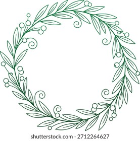 Delicado Vector de contorno de corona botánica con elegantes hojas verdes, ramas curvas y detalles mínimos de bayas dispuestos en un marco circular