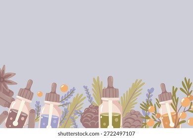 Un delicado borde inferior hecho de varias botellas de aceite esencial. Un elemento decorativo versátil para cabeceras de Sitio web o volantes de spa.