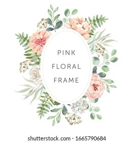 Delicate bouquet of blush pink flowers, forest green leaves, white background. Wedding invitation oval frame. Rose, peony, fern. Vector illustration. Floral arrangement. Design template greeting card