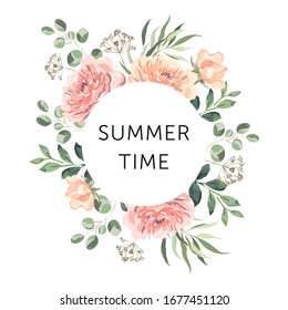 Delicate bouquet of blush pink rose flowers, forest green leaves, white background. Wedding invitation round frame. Vector illustration. Floral nature wreath. Design template greeting card