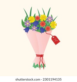 Delicate bouquet of flowers from daffodils, bluebells, cornflowers. Vector illustration. Ideal for a postcard