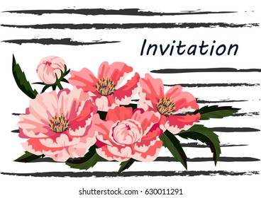 Delicate bouquet on the striped nautical background.  Vector design artwork for the invitation postcard, card or poster.