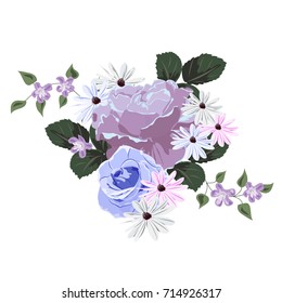 Delicate bouquet with roses and chamomile. Decor elements for greeting cards, wedding invitations, birthday and other celebrations. Isolated on white background.