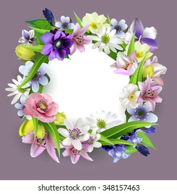 delicate bouquet of spring forest flowers for your design.
Floral background,anemones, irises, lilies
