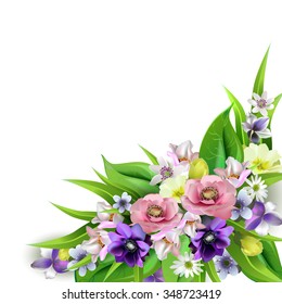 Delicate bouquet of spring forest flowers for your design. Floral background,anemones, irises, lilies,freesia