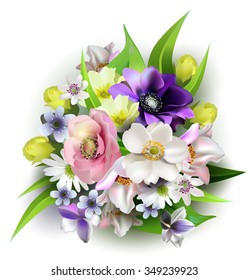 Delicate bouquet of spring forest flowers for your design. Floral background,anemones, irises, lilies,freesia