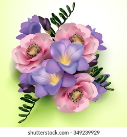 Delicate bouquet of spring forest flowers for your design. Floral background,anemones, irises, lilies,freesia