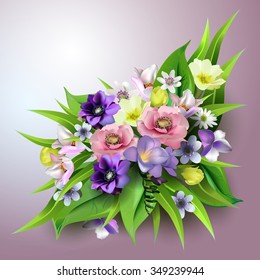 Delicate bouquet of spring forest flowers for your design. Floral background,anemones, irises, lilies,freesia