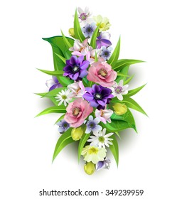 Delicate bouquet of spring forest flowers for your design. Floral background,anemones, irises, lilies,freesia