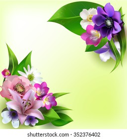 Delicate bouquet of spring forest flowers for your design. Floral background,anemones, , lilies,freesia