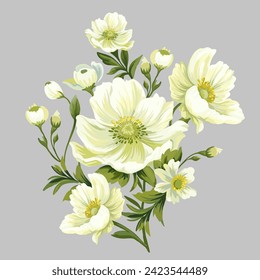 Delicate bouquet of white flowers. Isolated print. 