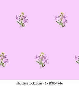 Delicate bouquets of flowers isolated on a pink, purple background. Vector seamless pattern of botanical elements. Field herbs and plants. Design for fabric, clothes, wallpaper. Stock illustration.