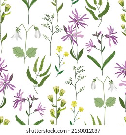 Delicate bouquets of flowers isolated on a pink, purple background. Vector seamless pattern of botanical elements. Field herbs and plants. Design for fabric, clothes, wallpaper. Stock illustration.