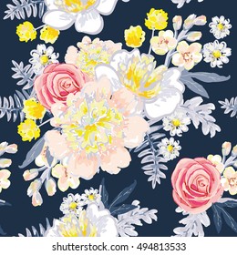 Delicate bouquets on the dark blue background. Vector seamless pattern with flowers. Peony, daisy, rose, gillyflower, fern. Pastel yellow, pink, gray, dark blue colors.