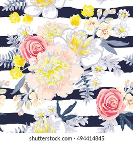 Delicate bouquets on the striped nautical background. Vector seamless pattern with flowers. Peony, daisy, rose, gillyflower, fern. Pastel yellow, pink, gray colors.
