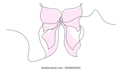 Delicate bow with pink ribbon in continuous line art style. Vector illustration isolated on white background.